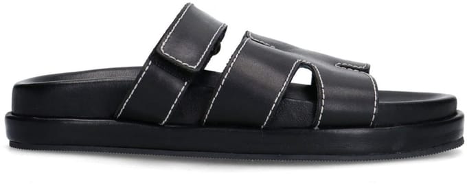 Sacha - Dames - Zwarte leren slippers met klittenband - Maat 37
