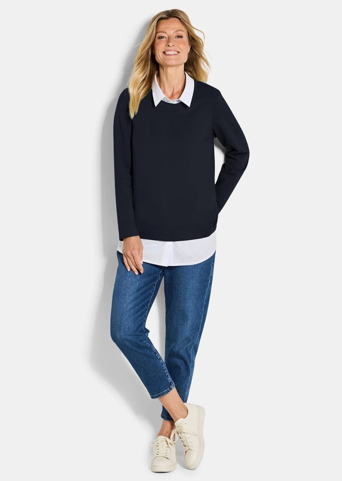 Sweatshirt in 2-in-1-look - marine / wit - Gr. 52 van Goldner Fashion