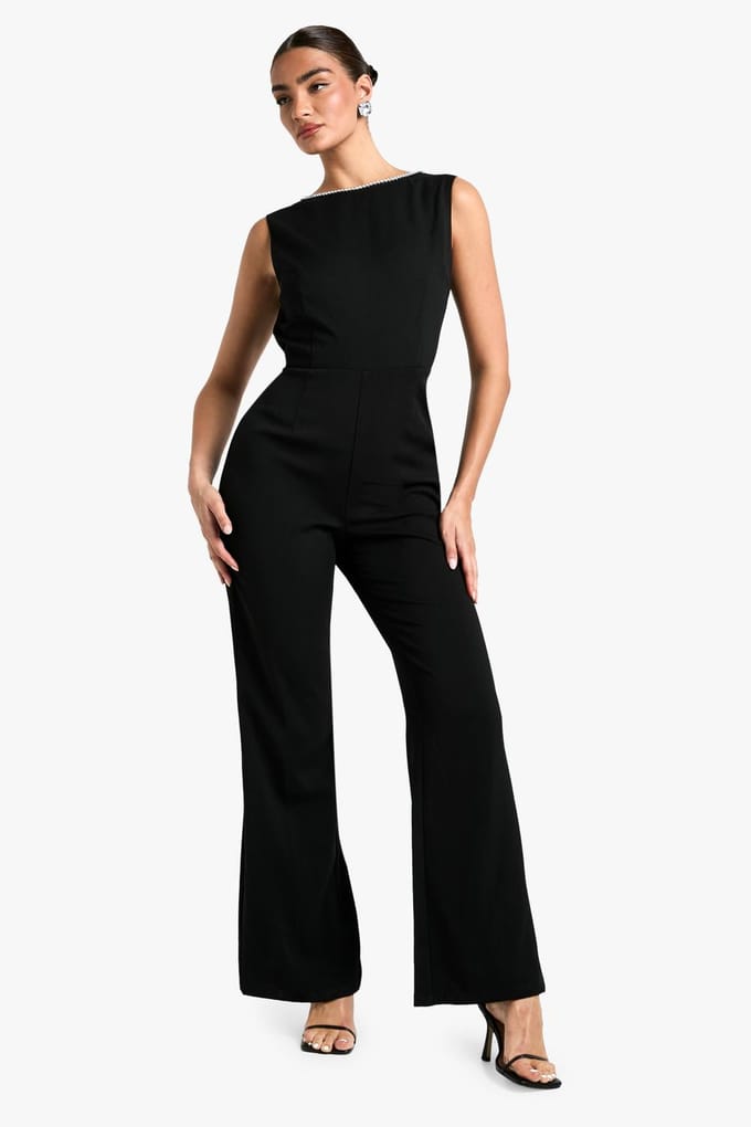 boohoo Dames Diamante Trim Low Back Jumpsuit | Zwart | Maat: 40
