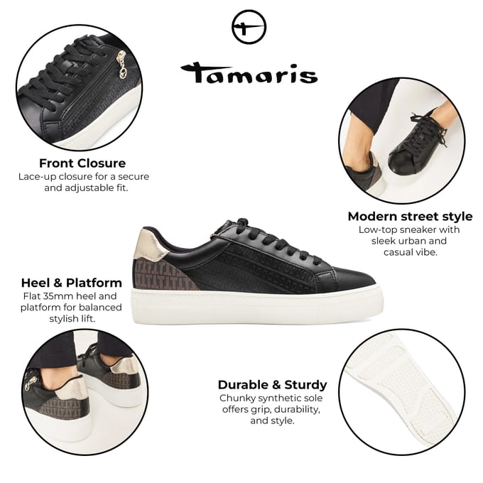 Tamaris Dames Zwart Goud Kunstleren Mode Veterschoenen