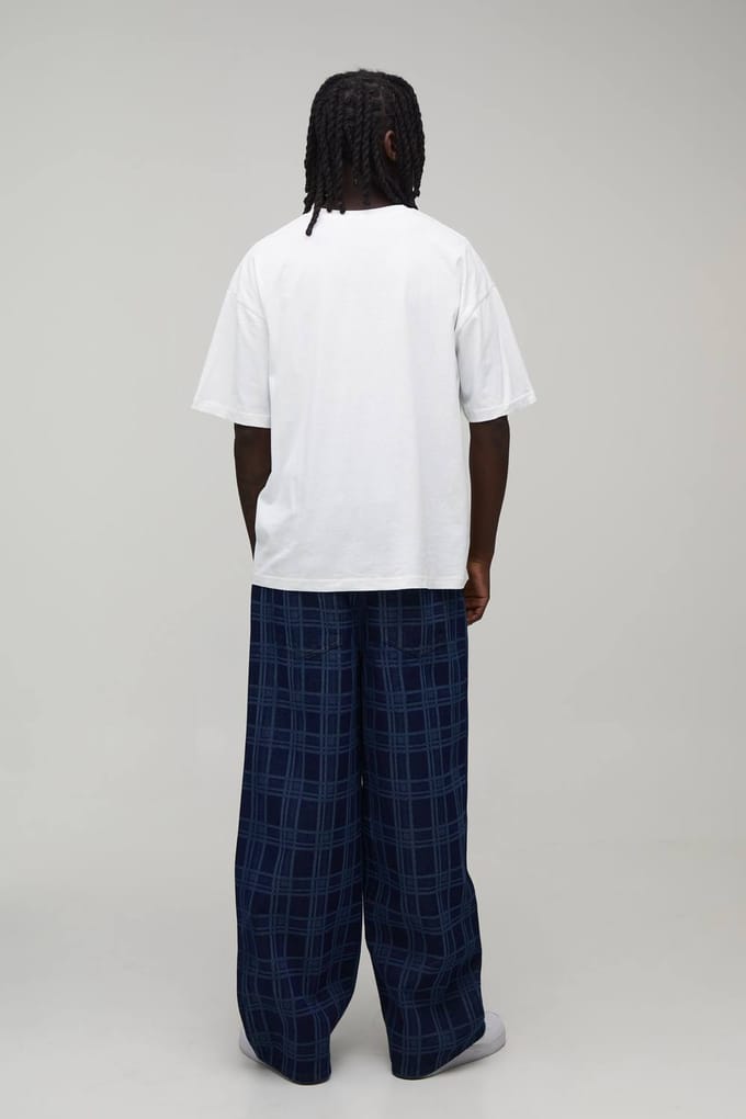 Baggy Check Printed Jeans | Indigo | Size 44
