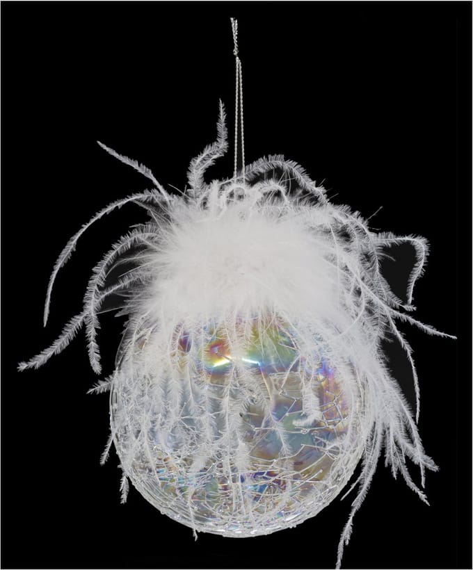 JJA - Iriserende glazen kerstbal met veren, 10 cm, craquelé
