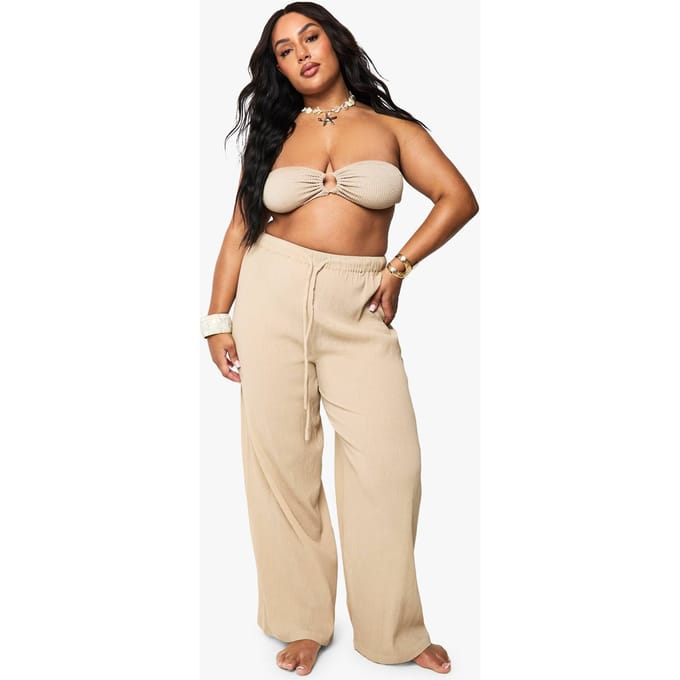 boohoo Dames Plus Crinkle Cotton Strandbroeken | Beige | Maat: 28