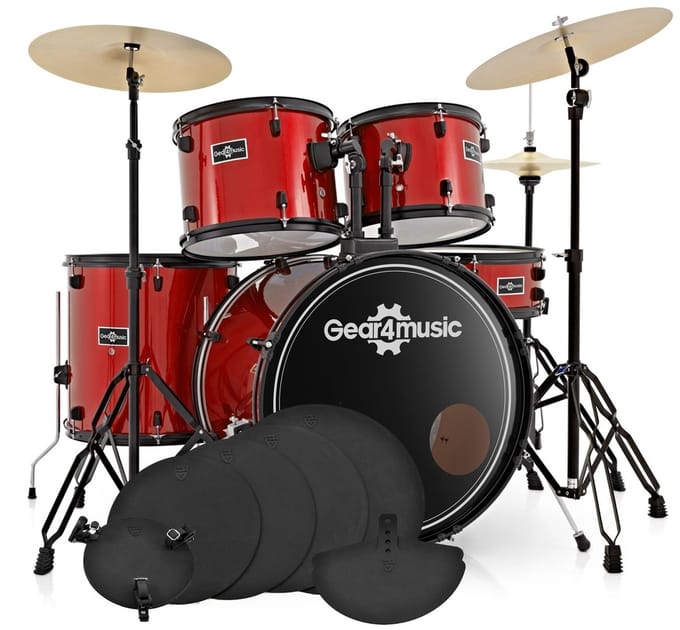 BDK-1plus Fullsize Beginnersdrumstel + Oefenpakket, Rood