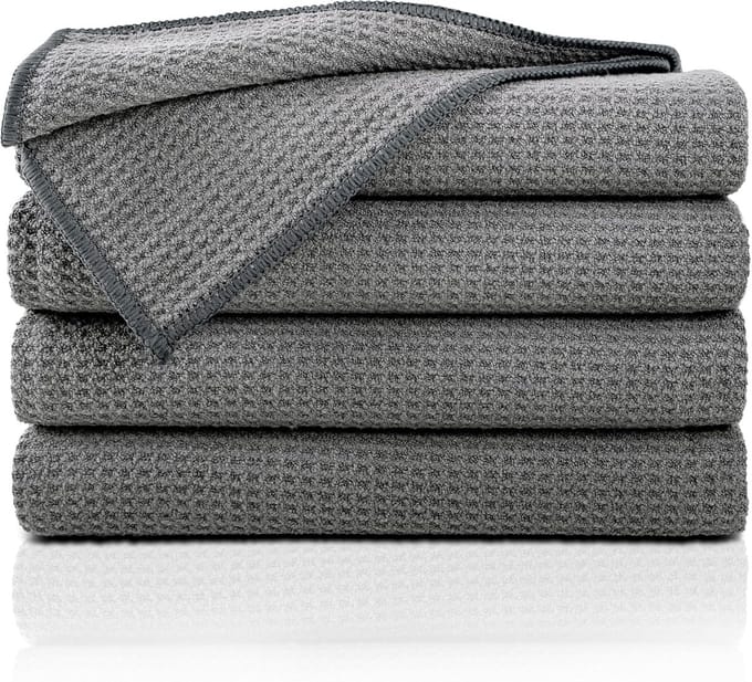 Famanu - set van 4 antraciet microvezel vaatdoeken 50x70 cm, pluisvrij, wafelstructuur