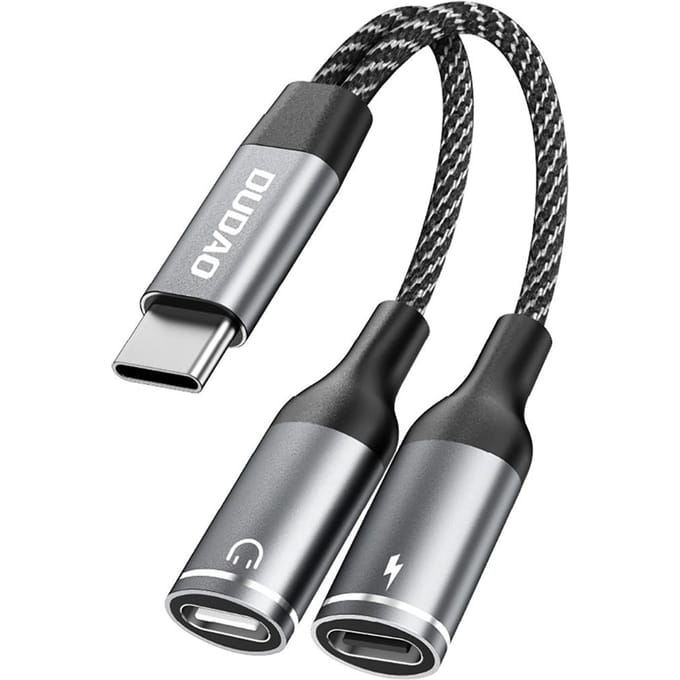 2-in-1 Adapter USB-C Splitter voor Stroom en Koptelefoon Grijs