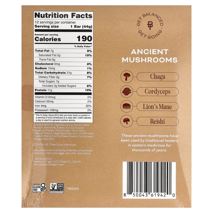 Balanced Tiger Eiwitreep, Vanille Chai, 12 Repen, 44g (1.55oz) Elk