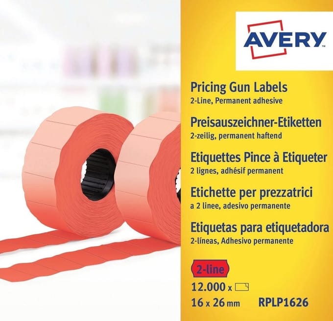 Avery Label on roll for 2 lines up to 18 digits permanent red