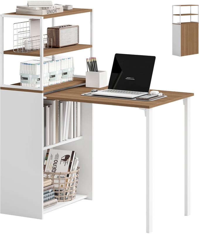Inklapbaar Computerbureau - Bureau met 4 Opbergplanken - Ruimtebesparend voor Thuiswerken - 105x60x127 cm - Wit Eiken