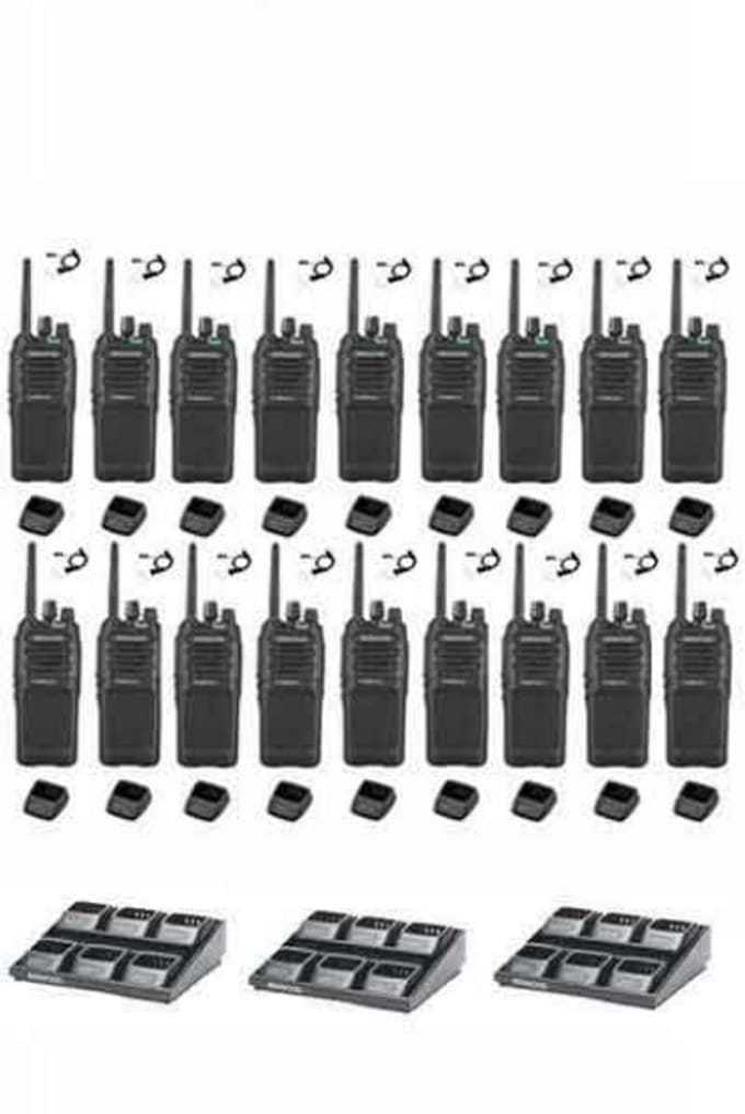 Set van 18 Kenwood TK-3701D IP55 Portofoon met multilader en beveiliging headsets