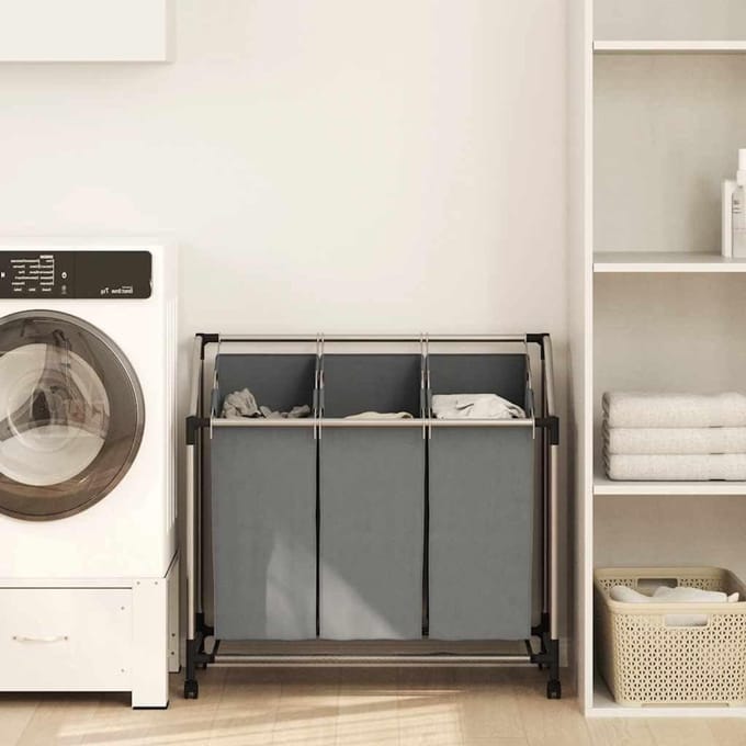 Wasmand Met Wielen - Kledingbox Opbergbox - Sorteren Kleding - Drie Compartimenten - 96 x 40 x 92 cm - Grijs