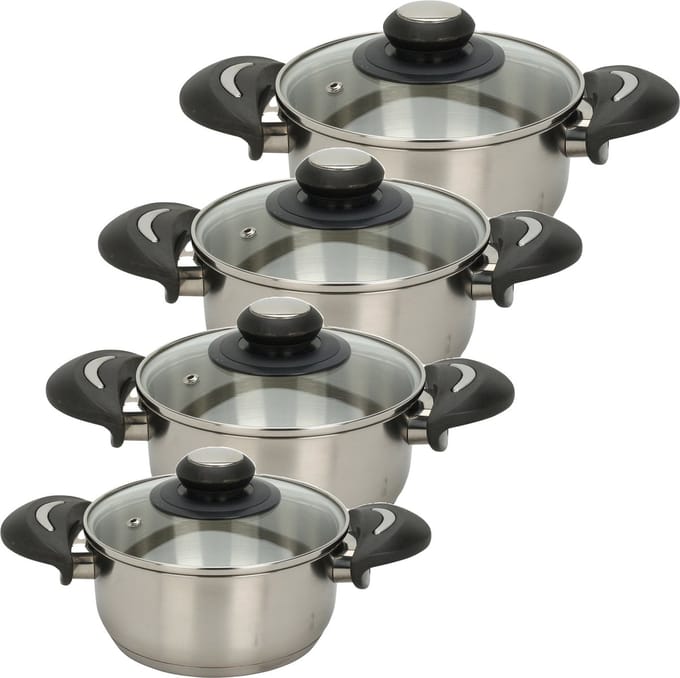 Excellent Houseware Kookpannen set - 4x - glazen deksel - RVS - 1.8/2.7/3.5/5.4 liter