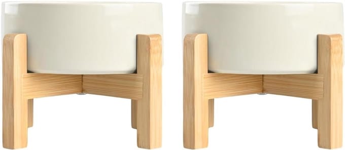 Voerbak Set - Hondenbak Kattenbak - Huisdier Voeden - Verhoogd Bamboe Frame - 400 ml - Beige