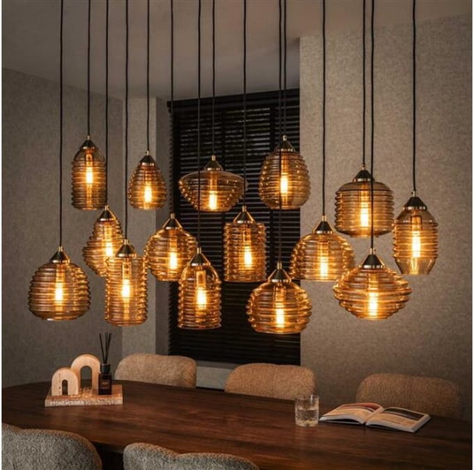Hanglamp Rib Glass 15-lichts – Amber glas – Moderne designlamp met ribbelstructuur - 155x60x155 cm