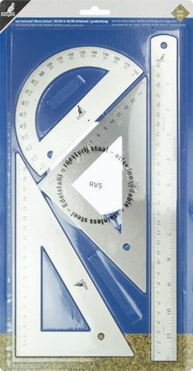 Kangaro liniaal set - RVS - 4-delig - 30cm liniaal + 30/60 driehoek + 45/90 driehoek + gradenboog