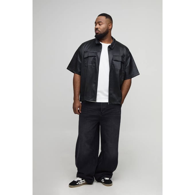 Plus Geplooierde PU Boxy Oversized Cargo Shirt | Black | Size 3XL