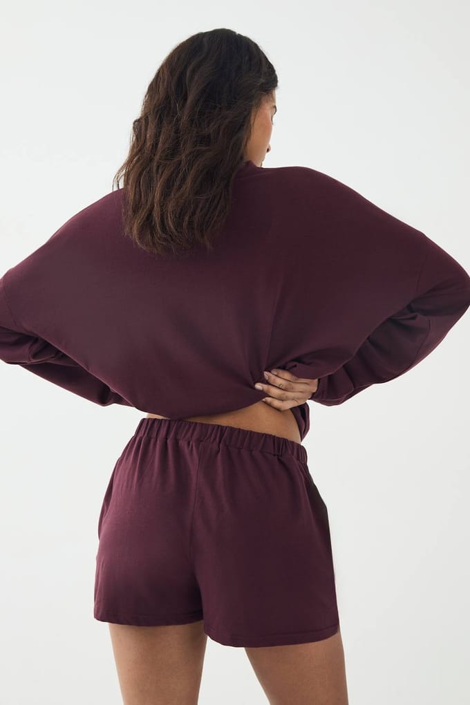Dames DSGN Studio Lounge Henley Knoop Superzachte Short | Burgundy | Maat: 2XL