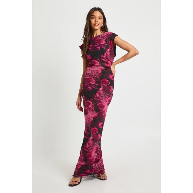 boohoo Dames Gemixte Bloemenprint Geplooide Taille Mesh Maxi Jurk | Pink | Maat: 6