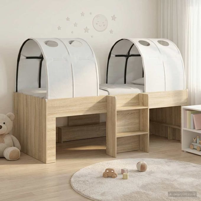 vidaXL - Kinderhoogslaper - met - tunnel - 3 - st - Sonoma - Eik - en - wit - Bewerkt - hout