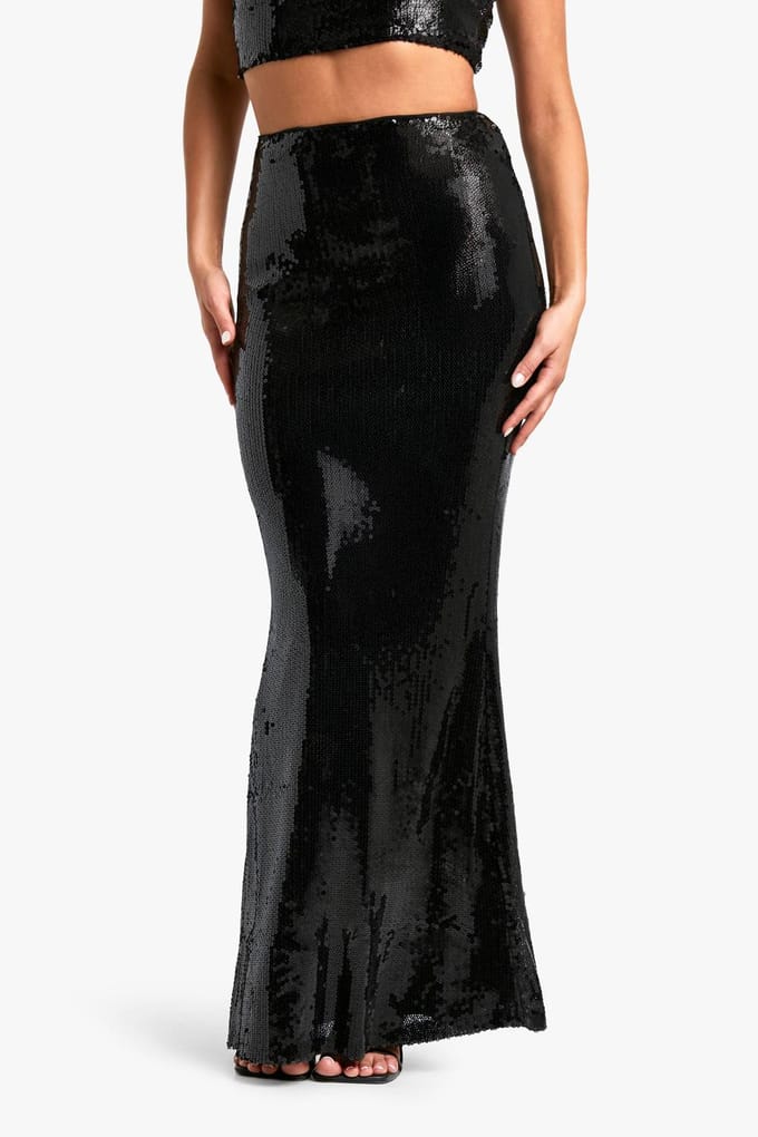 boohoo Dames Pailletten Maxi Rok | Zwart | Maat: 36