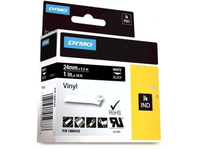 DYMO Rhino Industrial Vinyl Labels 24 mm x 5.5 m Wit Print on Zwart Self-Adhesive