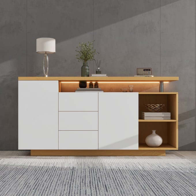 MODFU - Dressoir - 2 Deuren En 3 Lades - Modern - Woonkamer - Spaanplaat - Wit En Licht Eiken - 140 Cm