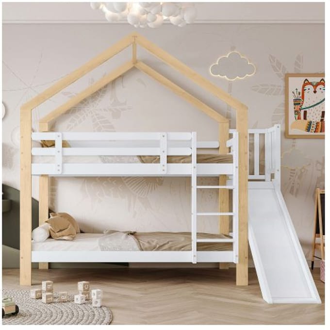 Stapelbed - MUVOE - Huis met glijbaan - Gebogen ladder - Massief hout - 2 persoons wit