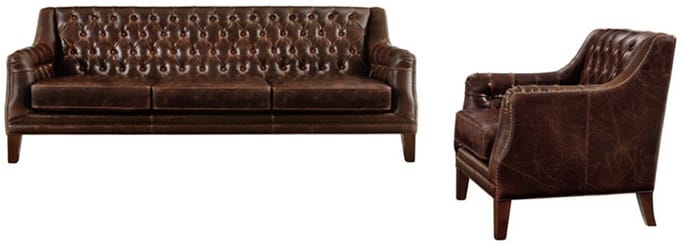 Vente-unique Driezitsbank en fauteuil van leer COLBERT - Bruin