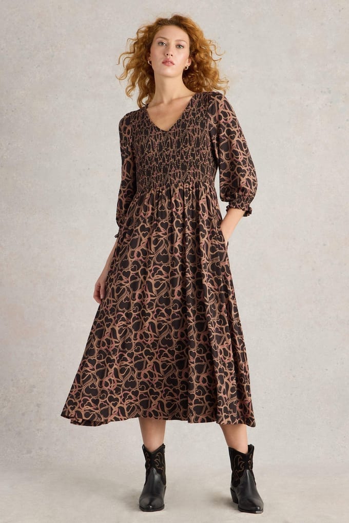 White Stuff Emily Shirred Jersey Dress Black Print Maat: 8 | Midi Jurken Outlet | Dames | Zwart