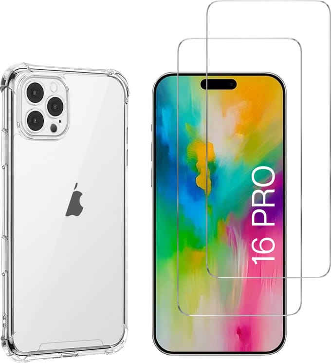 Hoesje voor iPhone 16 Pro backcover Shockproof siliconen Transparant en 2 stuks Screenprotector Gehard Glas