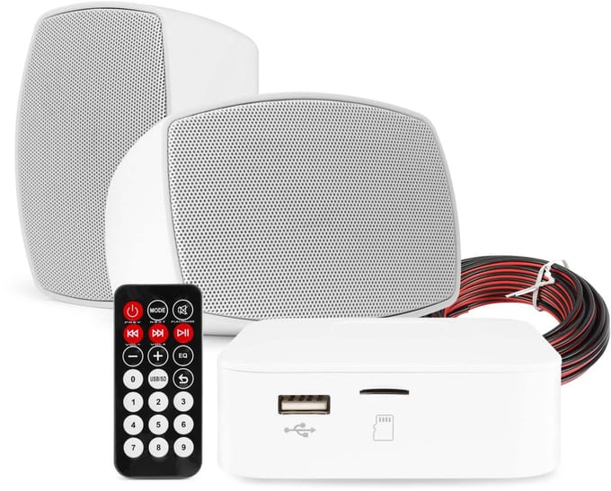 Power Dynamics set van 2 waterdichte buiten speakers met Bluetooth versterker - Wit