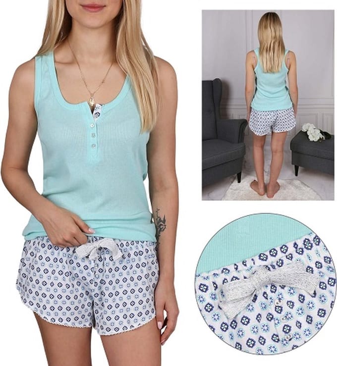 Turkoois-wit, pyjama voor dames met motief, korte broek