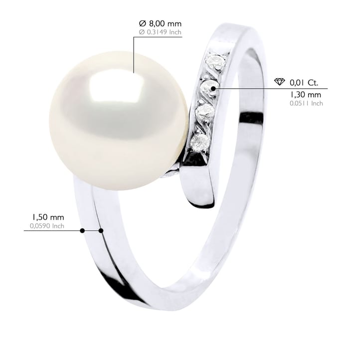 Ring Sieraden Diamant 0,04 Ct - Kwaliteit Hsi Wit Goud - Echte Geëxtraheerde Zoetwaterparel Rond 8-9 mm