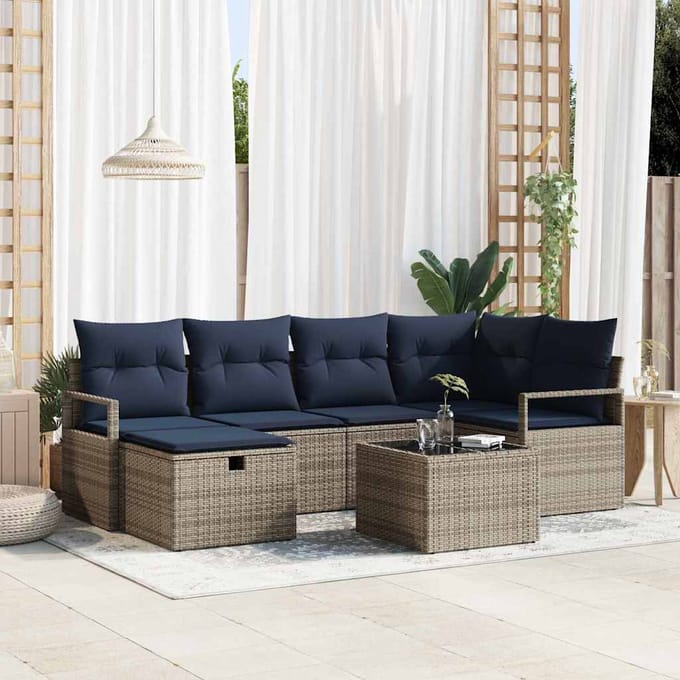 vidaXL - Bankstel - 7 - st - Grijs - en - Marineblauw - poly - rattan