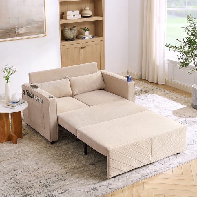 Slaapbank 2-Zits - Uitschuifbaar Bankbed Met USB - Beige - 3-In-1 Design