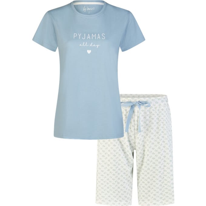 By Louise Dames Shortama Korte Pyjama Set Blauw/Wit Gebloemd - Maat S