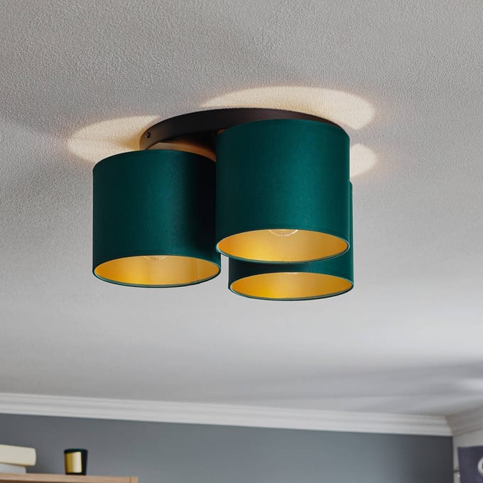 Luminex Plafondlamp Soho, cilindrisch rond 3-lamps groen/goud