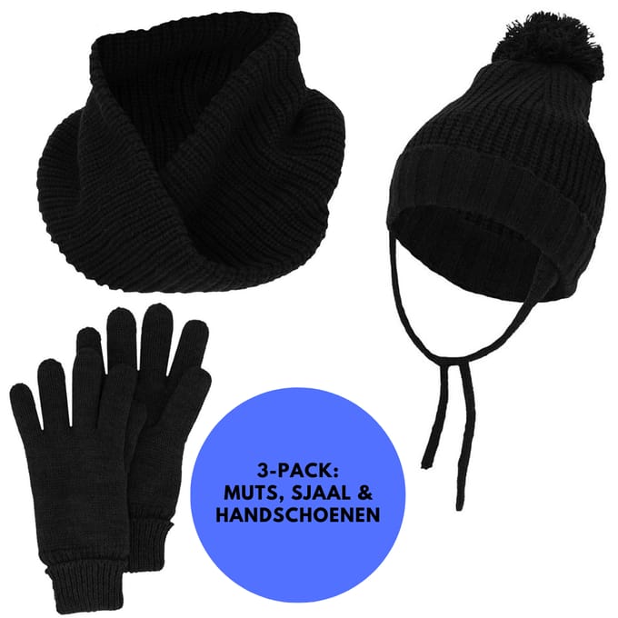 Winterset Jongens - Handschoenen/Sjaal/Muts - Effen - 4 t/m 8 jaar - Zwart