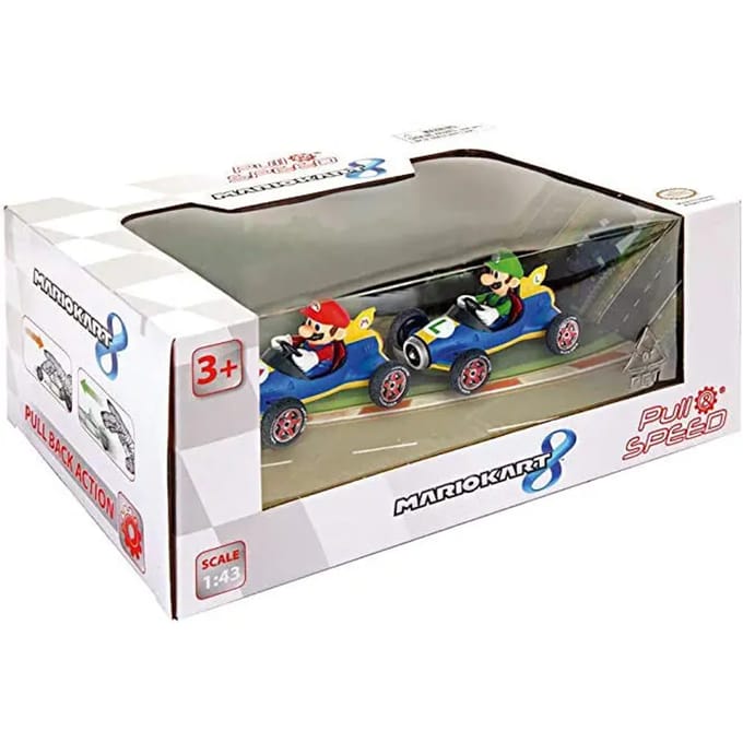 Carrera Speelgoedvoertuig Auto - Mario Kart - Mach8 Twinpack - Mario & Luigi - Pull Back Auto - Terugtrekauto - 1:43