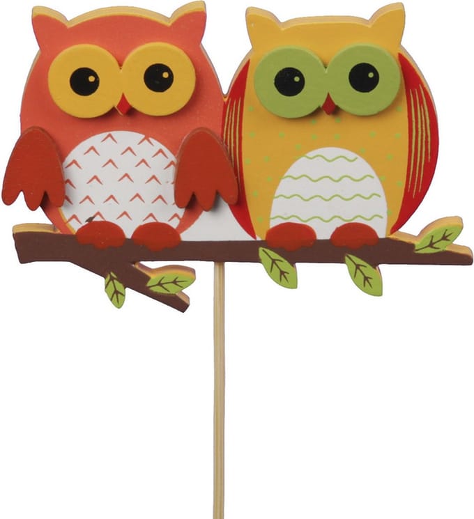 Othmar Decorations Kerststukje stekers - 6x uilen 8,5 cm- hout - oranje rood groen geel - instekers - decoratie