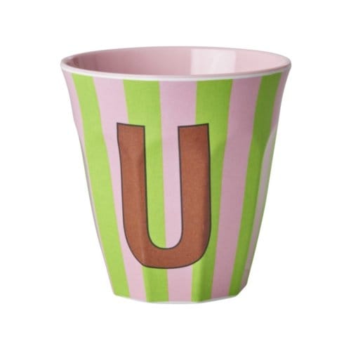 Rice melamine beker medium gestreept letter u, oranje