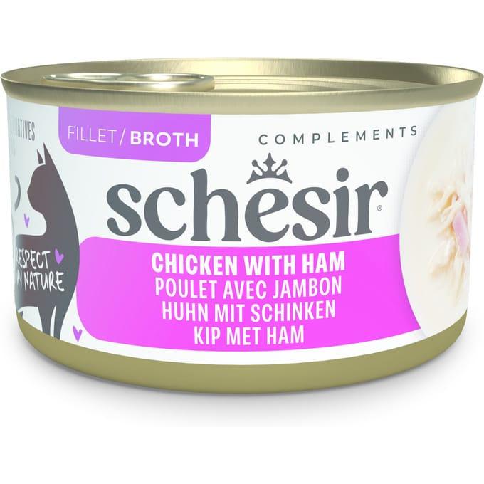 12x 70g Schesir Complements in Brühe Huhn mit Schinken Katzenfutter nass