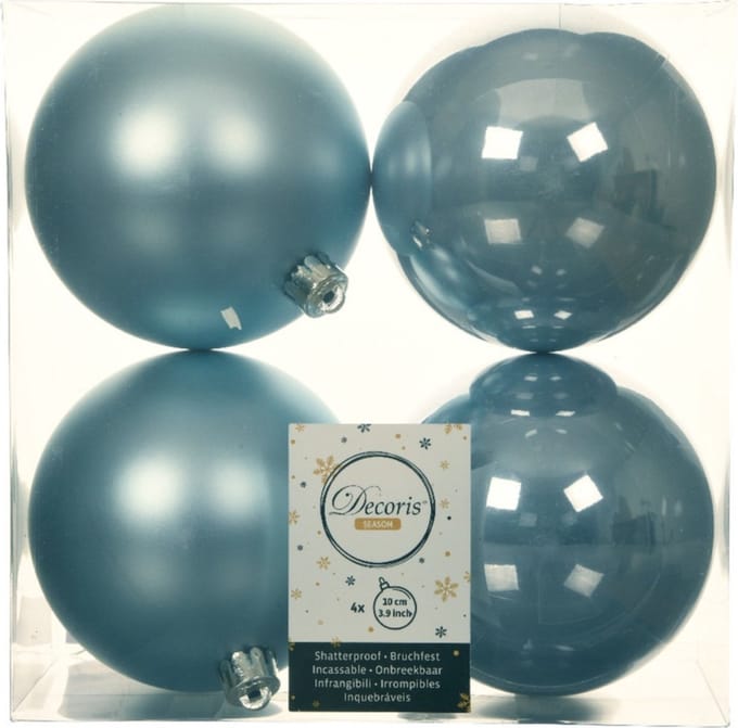 Decoris Grote kerstballen - 4x stuks - kunststof - lichtblauw - 10 cm - kerstversiering