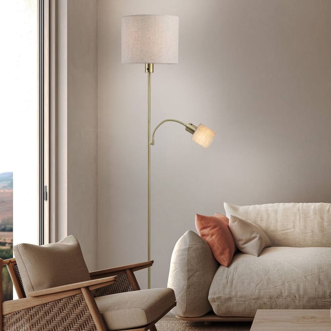 Näve Vloerlamp Filomena, beige/messing, textiel, leesarm, E27, E14