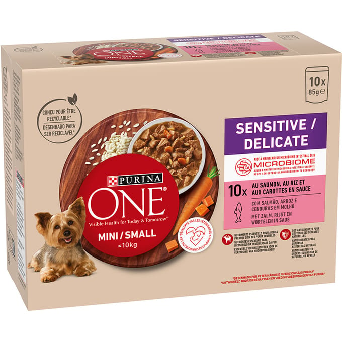 10 x 85 g PURINA ONE Mini Sensitive-Delicate Zalm hondenvoer nat