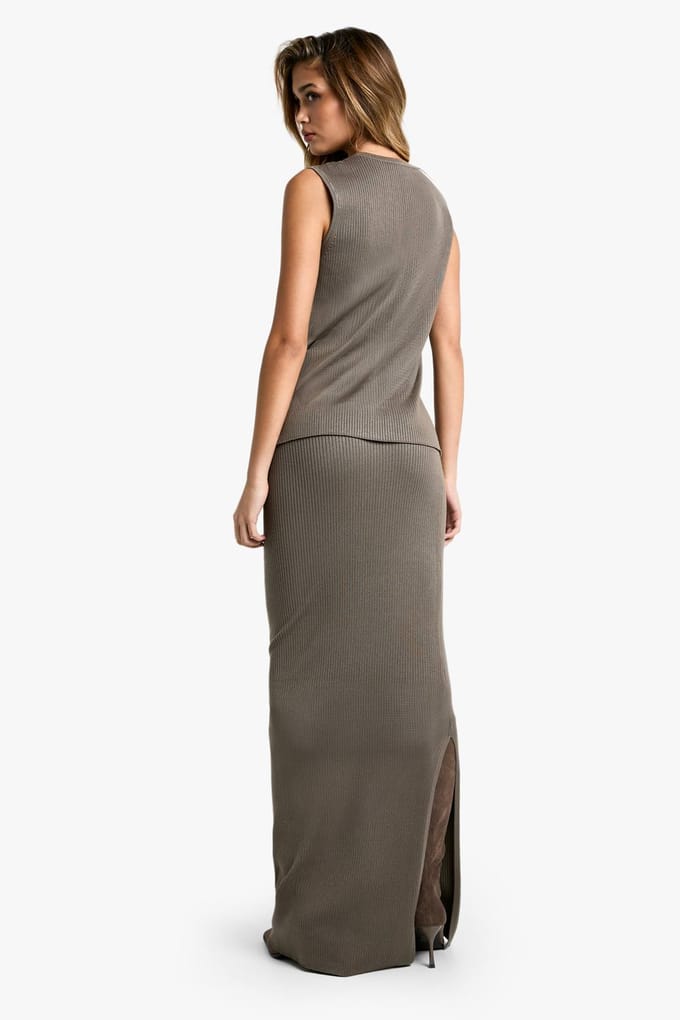 boohoo Dames Premium geribbelde gebreide longline vest en maxi-rok set | Mushroom | Maat: Medium
