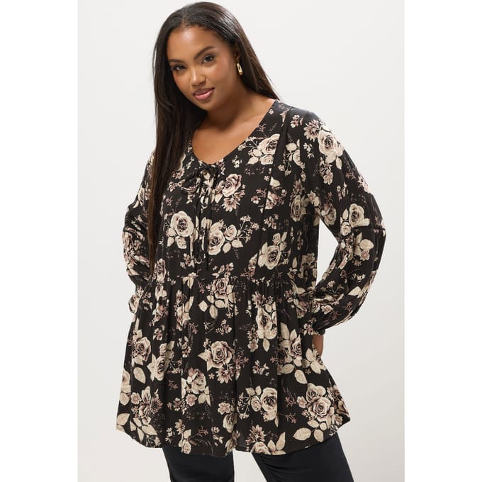 Yours Zwarte Blouse Met Rozenprint En Strikhals Size 42
