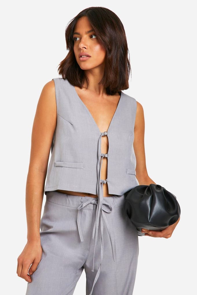 boohoo Dames Tie Front Tailored Waistcoat | Grey Marl | Maat: 6