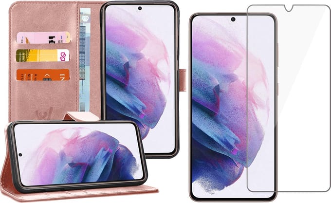 Hoesje geschikt voor Samsung Galaxy S21 - Screen Protector GlassGuard - Book Case Kunstleer Pasjeshouder Rosegoud & Screenprotector