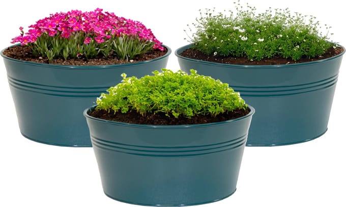Mega Collections plantenpot/bloempot Bob - 3x - zink - zeegroen - D25 X H12 cm